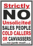 No Cold Callers Sign, No Cold Calling Sticker, No Cold Callers Sticker, No Salesmen, No Sales People, No Canvassers, No Hawkers